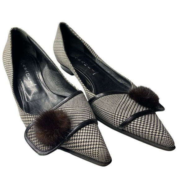 Casadei Houndstooth‎ and Fur Pom Pom Flats - Picture 1 of 6